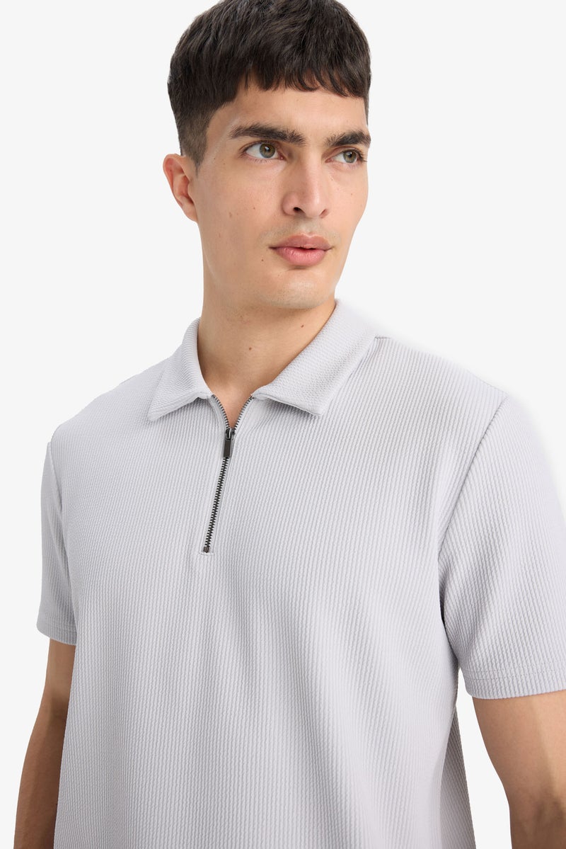 DeFacto Grey Man Regular Fit Half Zip Pleated Polo T-Shirt Casual - Image 5